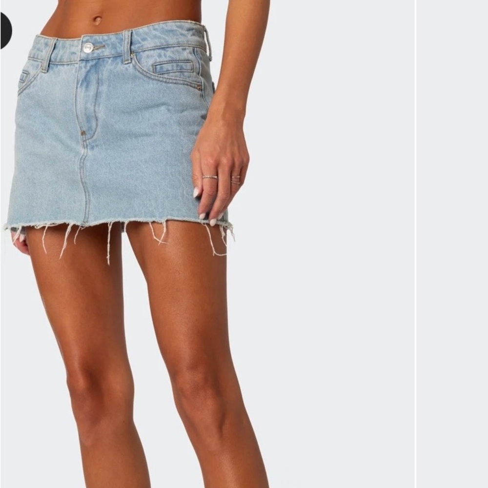 Edikted Light Blue Frayed Denim Mini Skirt